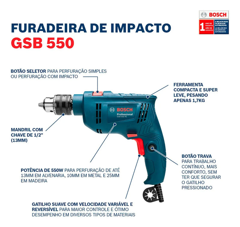 Furadeira Impacto e Parafusadeira 1/2 550w Gsb 550re Bosch